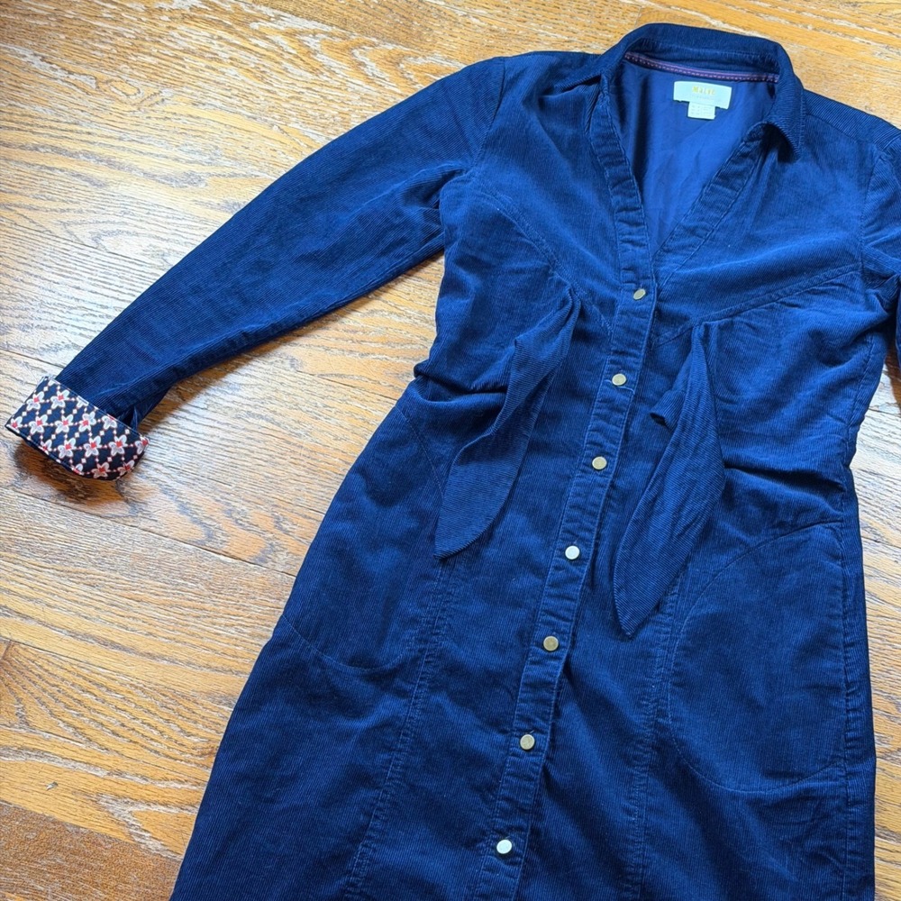 Maeve Anthropologie Navy Blue Corduroy Tie Front Boho Dress Womens Size 0 Fall - Picture 3 of 11